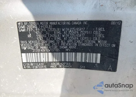 2012 Toyota Rav4 Limited из США, поврежденный, VIN 2T3YF4DV1CW137785